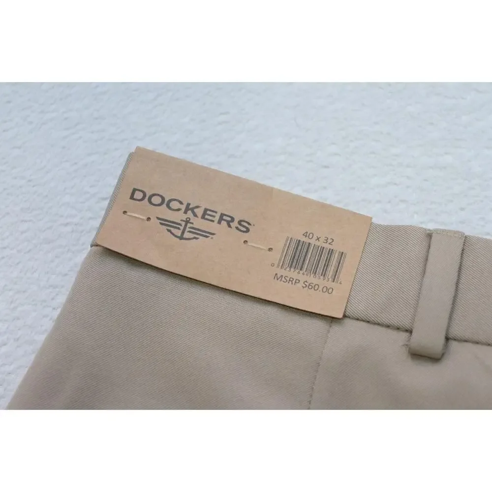 Dockers Performance Dress Pants Flat‎ Pleated Beige Polyester Mens 40 x 32 NWT